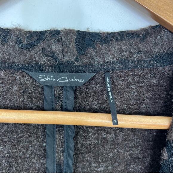Stella Carakasi Brown Wool Blend Black Lace Wrap Asymmetrical Coat Size Small - Picture 6 of 15